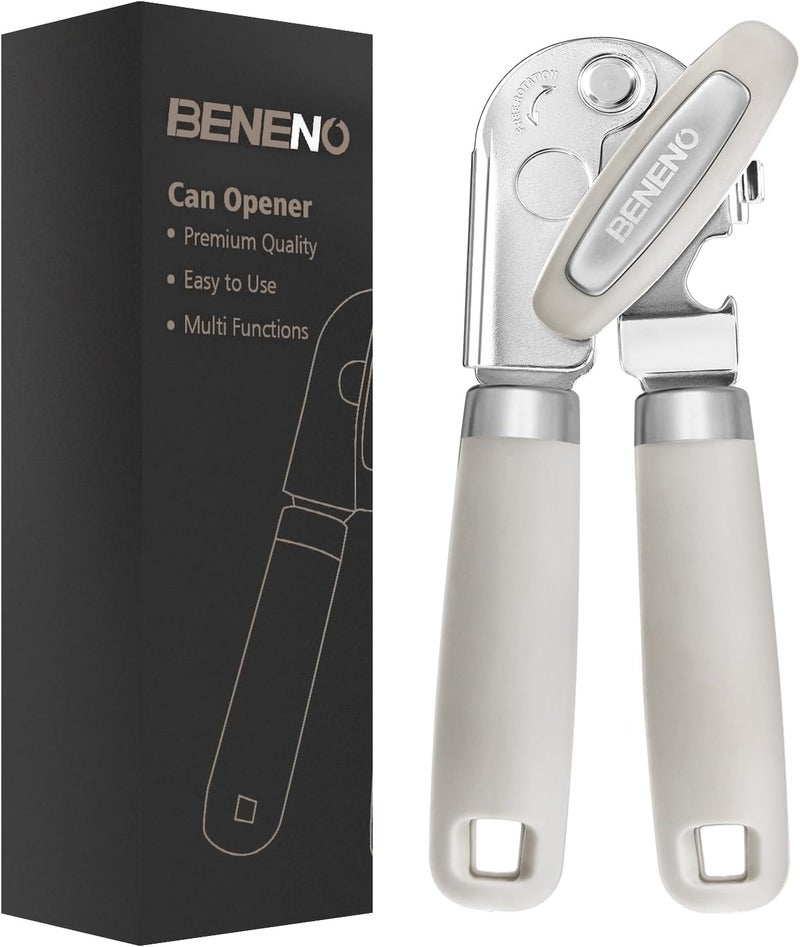 Beneno Heavy Duty Hand Can Opener Manual with Magnet, Durable Sharp Carbon Steel Blade Smooth Cutting, Big Effort-Saving Knob & Soft Grip Handle, Multifunctional Kitchen Tool with Bottle Opener, Beige - Image 1